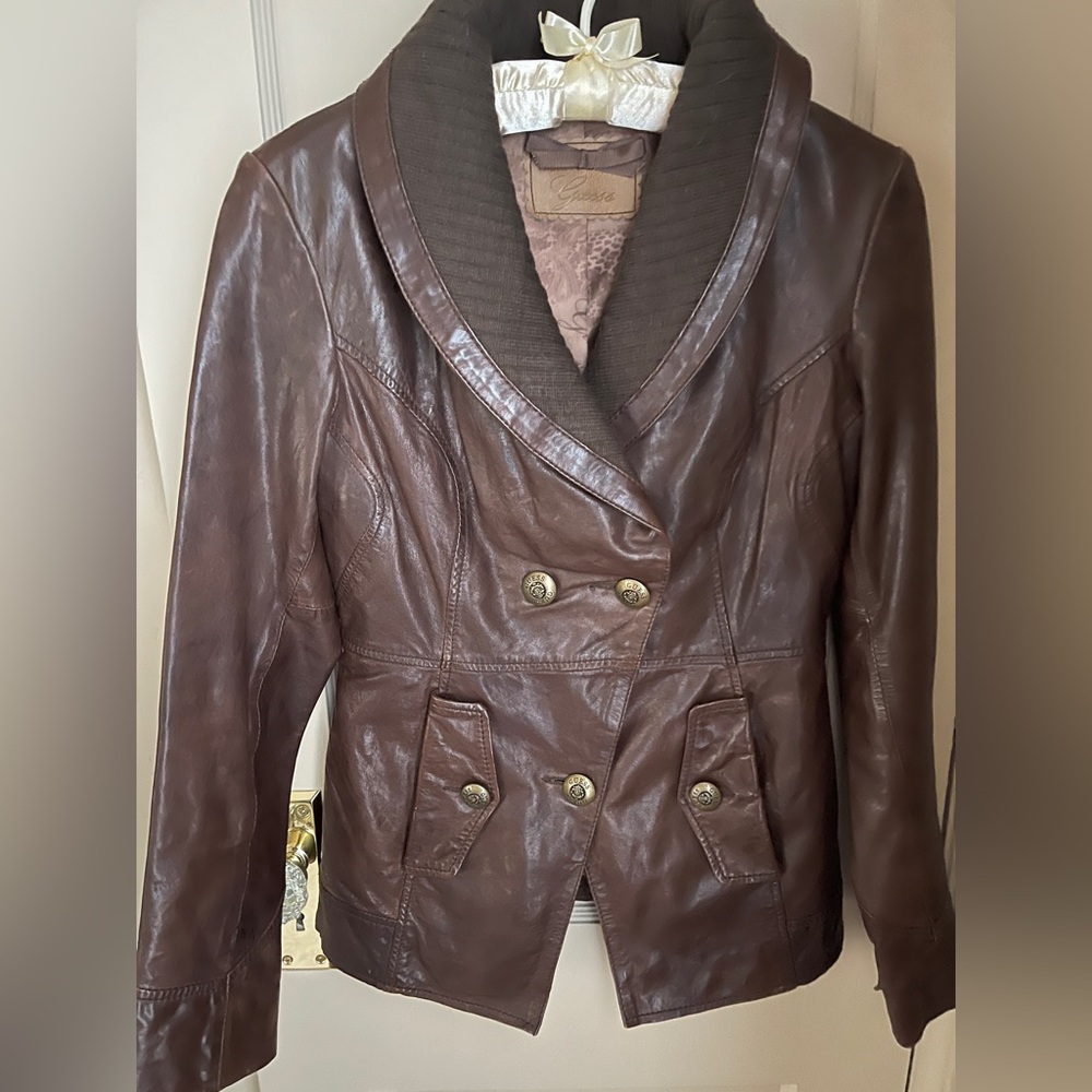 Guess Chocolate Leather Jacket with Shawl Collar